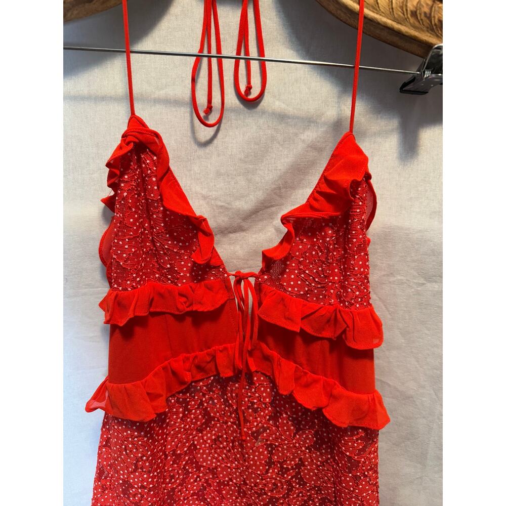 For Love and Lemons Leila Long Midi Dress Red Lace Side Slit Sheer Ruffles M - Picture 3 of 8